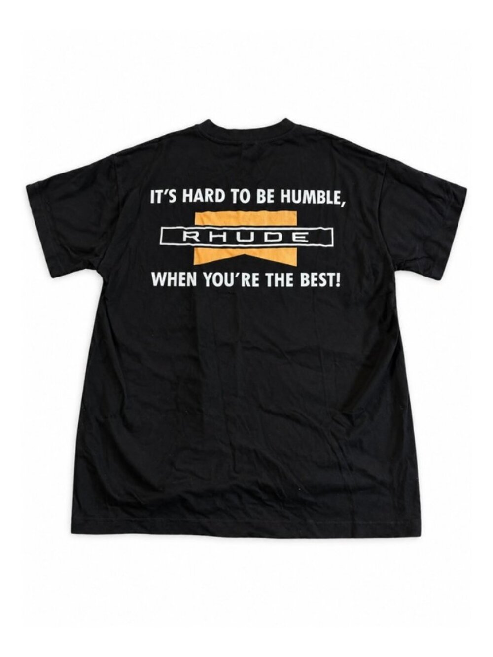 Rhude Black Graphic T-Shirt It's Hard to Be Humble White Gold Logo Size L - Picture 2 of 3